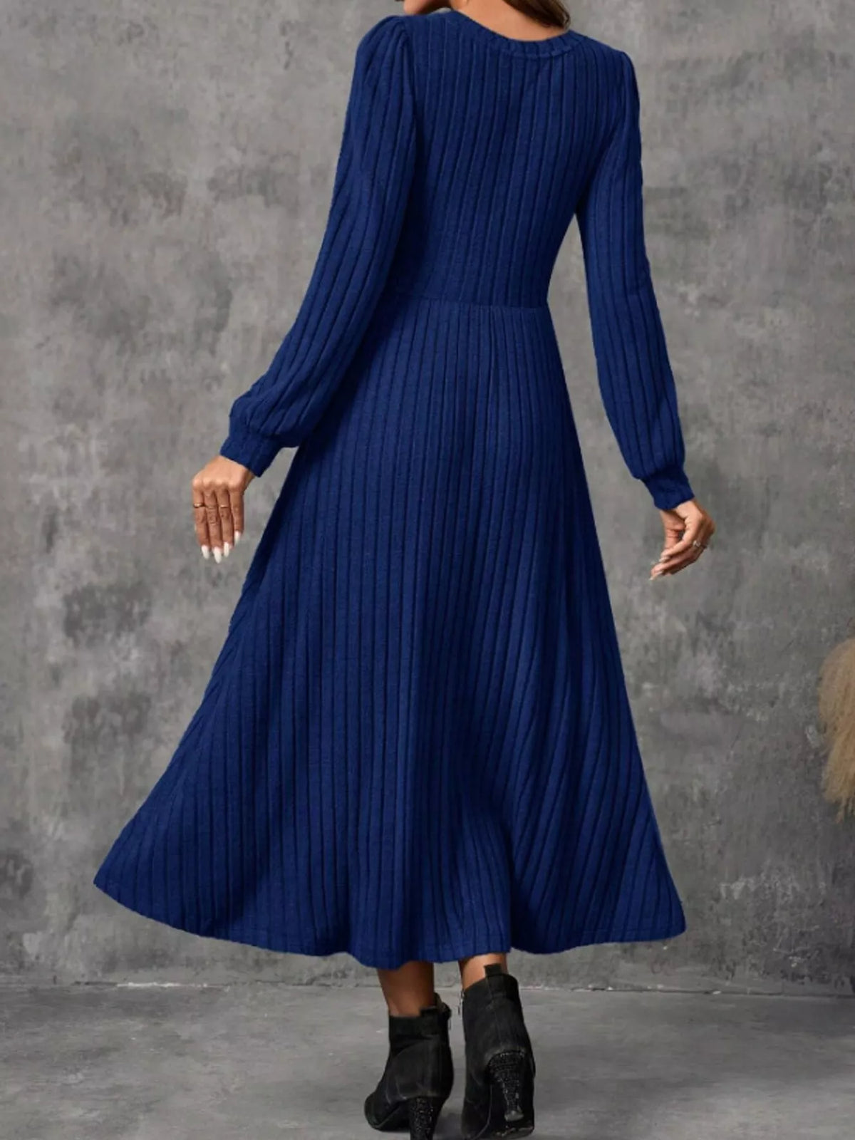 Royal Blue ribbed knit long-sleeve A-line midi dress, back view on model.