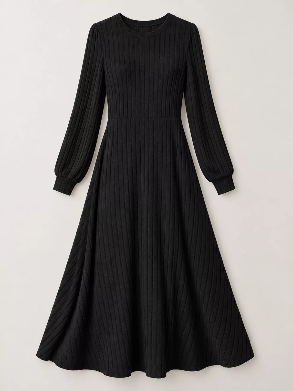 Black ribbed knit A-line midi dress laid flat, showing a round neckline and long sleeves.