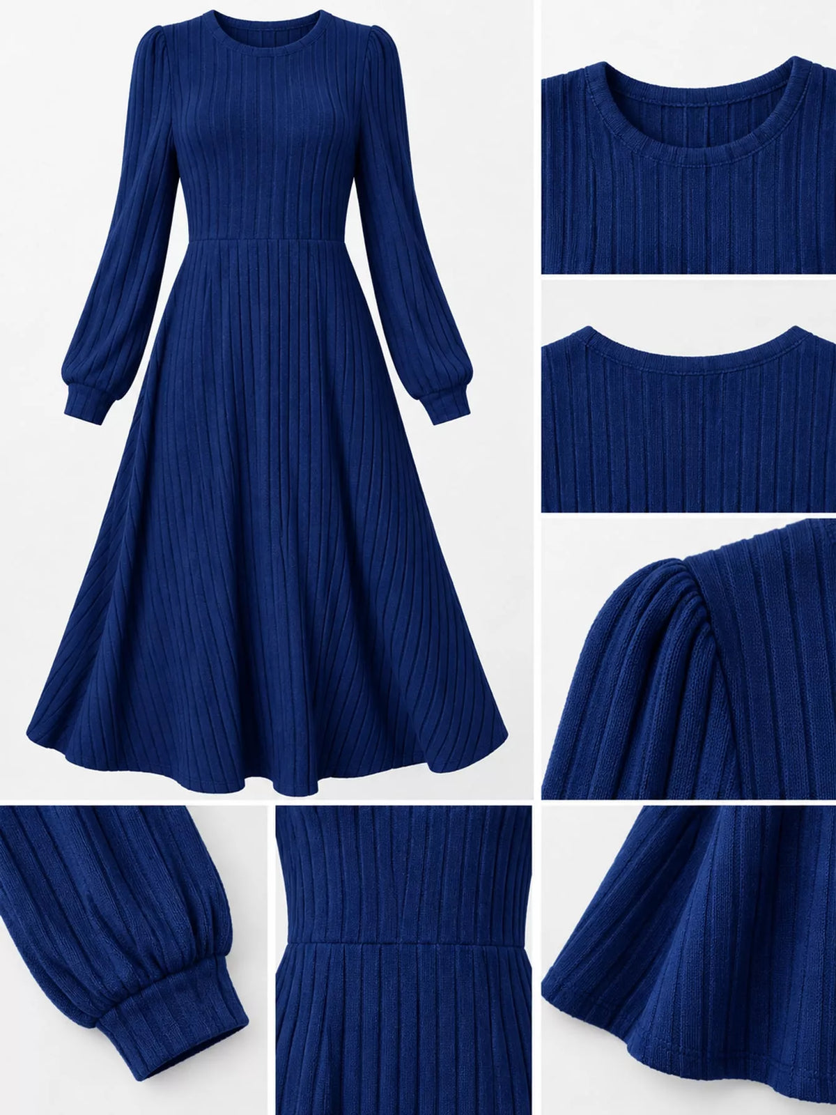 Royal Blue ribbed knit A-line midi dress detail collage showing the round neckline, sleeve cuff, waist seam, and hem.