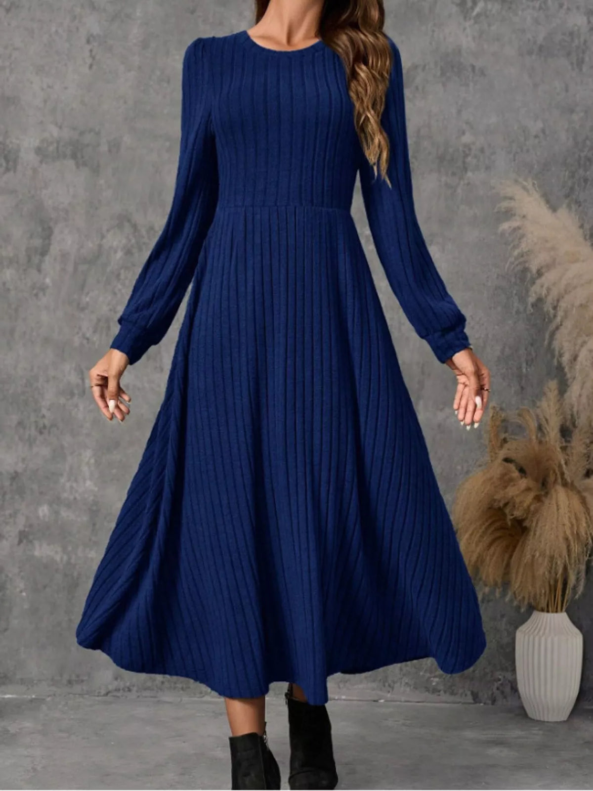 Royal Blue ribbed knit long-sleeve A-line midi dress, front view on model.