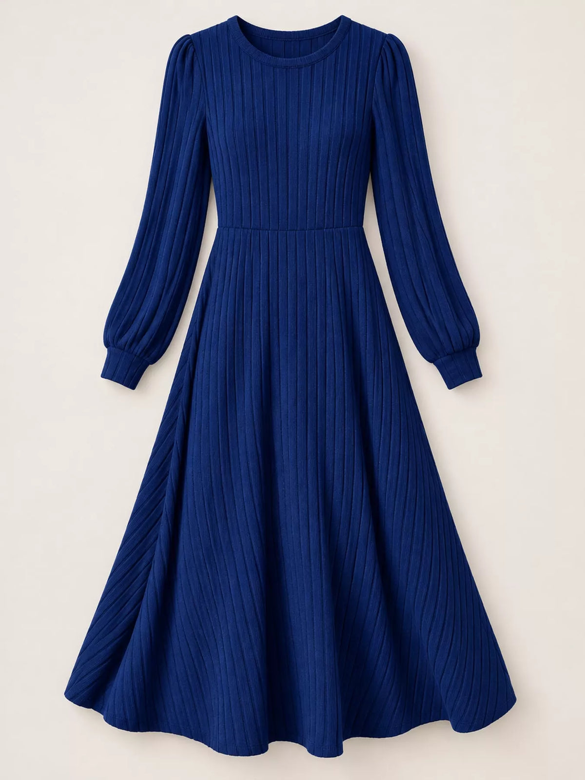 Royal Blue ribbed knit A-line midi dress laid flat, showing a round neckline and long sleeves.