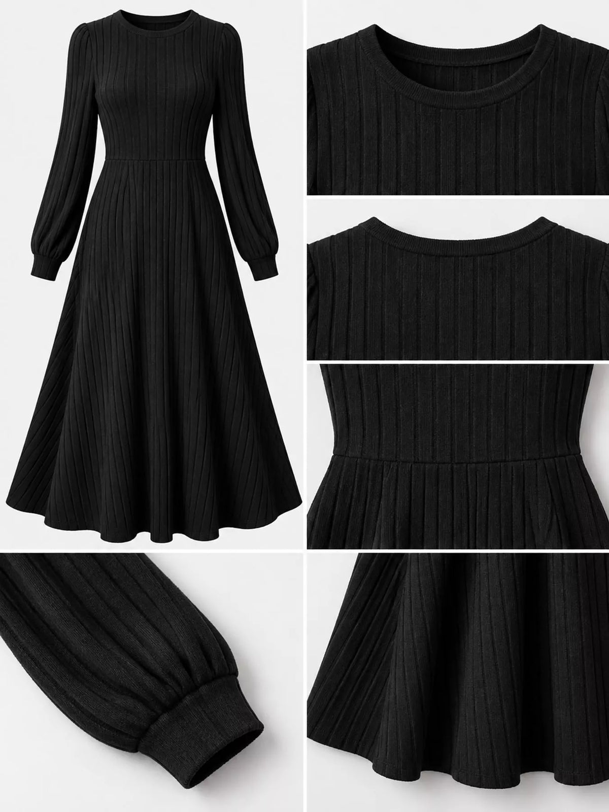 Black ribbed knit A-line midi dress detail collage showing the round neckline, waist seam, sleeve cuff, and hem.
