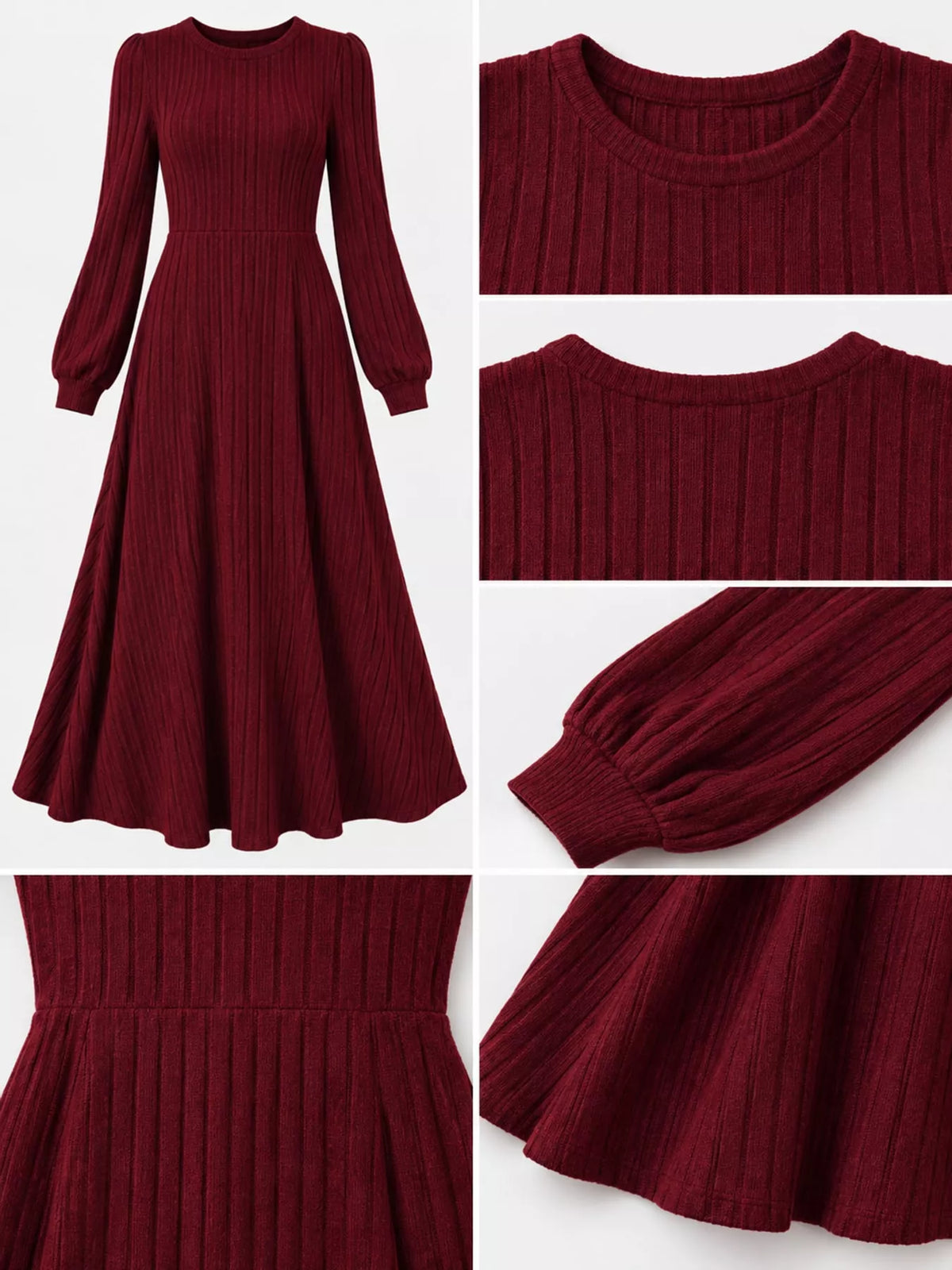 Burgundy ribbed knit A-line midi dress detail collage showing the round neckline, sleeve cuff, waist seam, and hem.