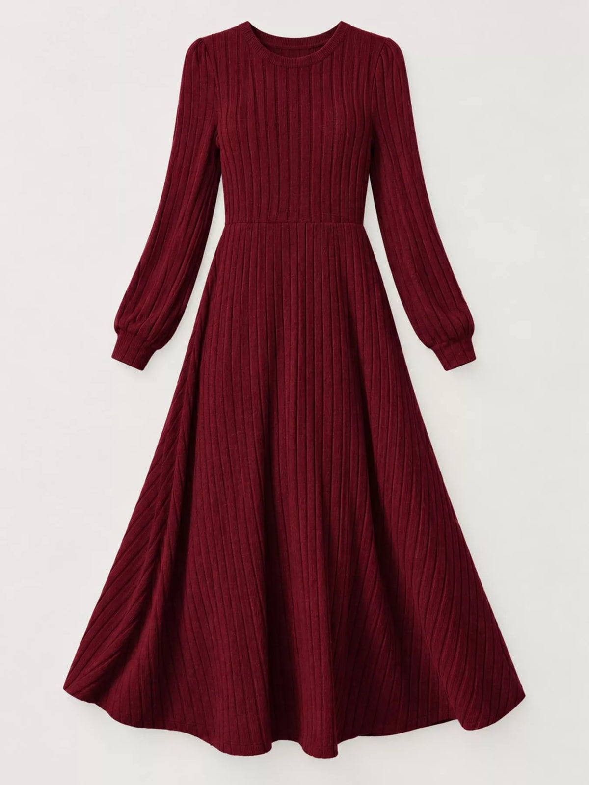 Burgundy ribbed knit A-line midi dress laid flat, showing a round neckline and long sleeves.